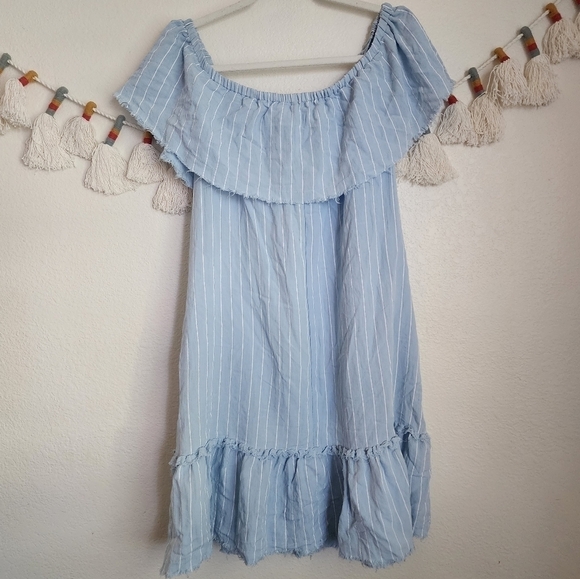Umgee Power Blue Pinstripe Frayed Ruffle Dress Mino Boho Chic Nautical M - Picture 1 of 11